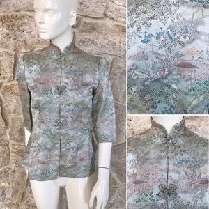 Gorgeous Vintage 1940s Custom Made Asian Satin Brocade Blouse Tunic Jacket